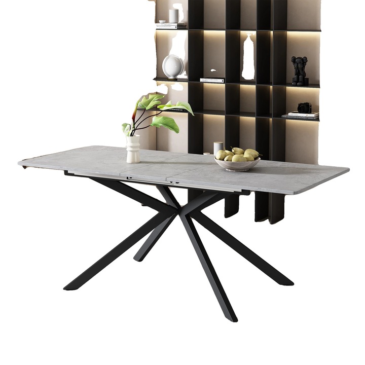 Трапезна маса, MDF с циментово покритие, регулируем размер, дизайн на кръстосани крака, сиво-черен цвят