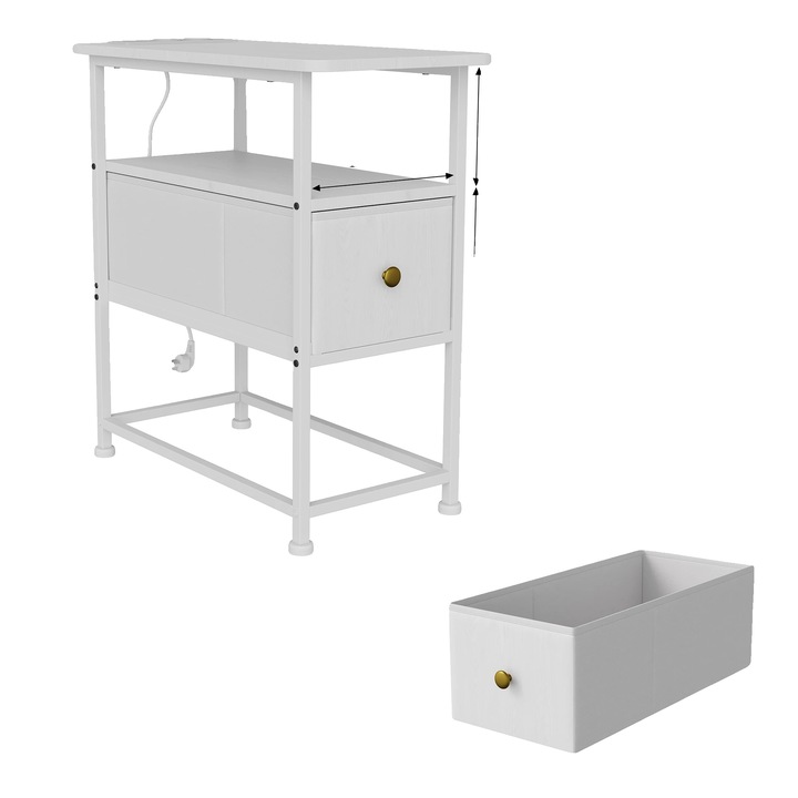 Masa laterala, design minimalist modern, 1 sertar, porturi de incarcare, 30x60x62cm, alb