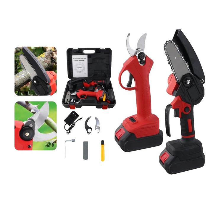 Elektromos láncfűrész, 650W maximális teljesítmény, 6 hüvelyk vezetőlemez hossz, 2 akkumulátor mellékelve, komplett készlet