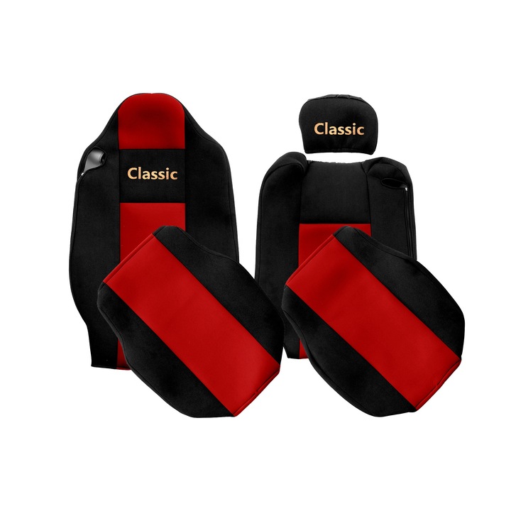 Huse scaune F-CORE, set 2 piese, rosu, pentru Renault T (01.14-04.21), tetiera integrata pasager, tetiera reglabila sofer