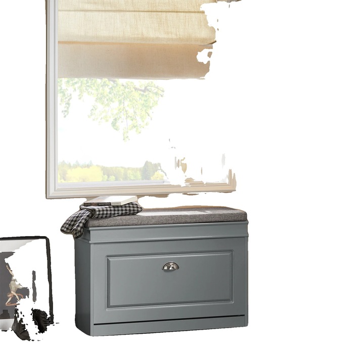 Cipőtároló pad, kompakt kivitel, kényelmes ülőke, 75x51x24cm, szürke