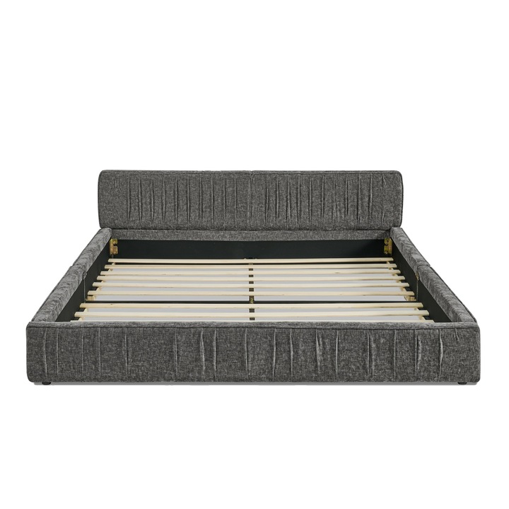 Pat modern, 160x200cm, gri, din lemn de eucalipt si cadru din fier, asamblare usoara