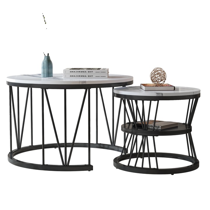 Set mese de cafea, design modern minimalist, eficient din punct de vedere al spatiului, alb si negru, 70x70x45cm si 45x45x40cm
