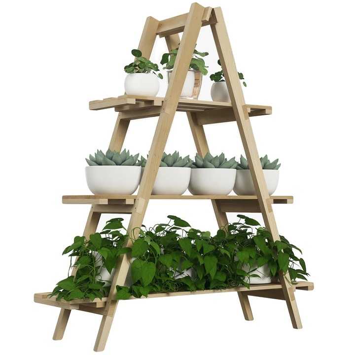 Suport pentru plante, 3 niveluri, design A-frame, lemn de brad, 100x36x112cm