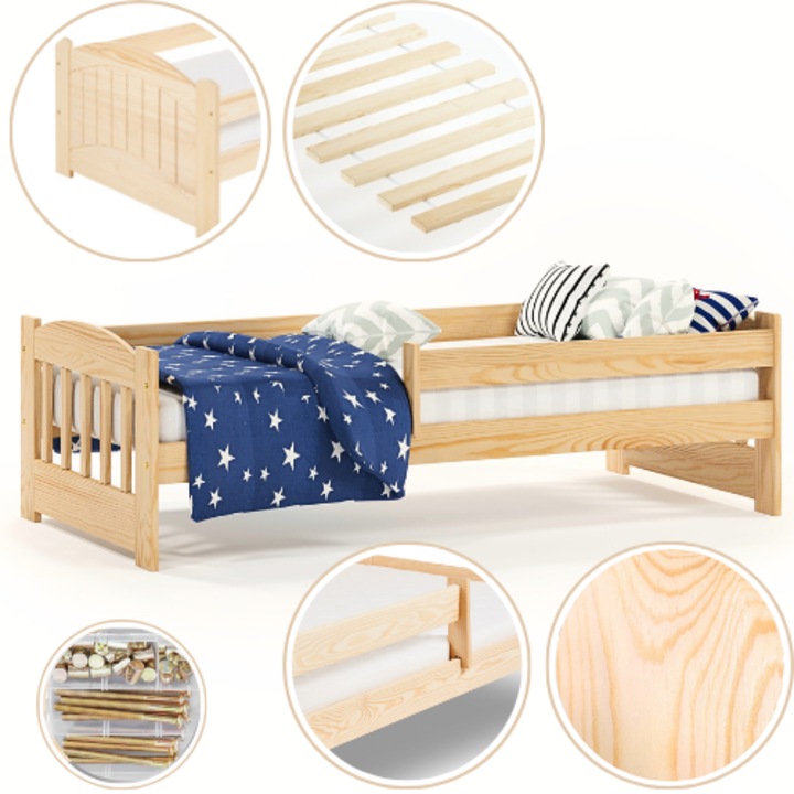 Pat copii Luna 180x80 cm, culoare naturala, lacuit, din lemn masiv de pin, cu bariera de protectie si somiera, capacitate 150 kg – design Montessori, sigur si stabil
