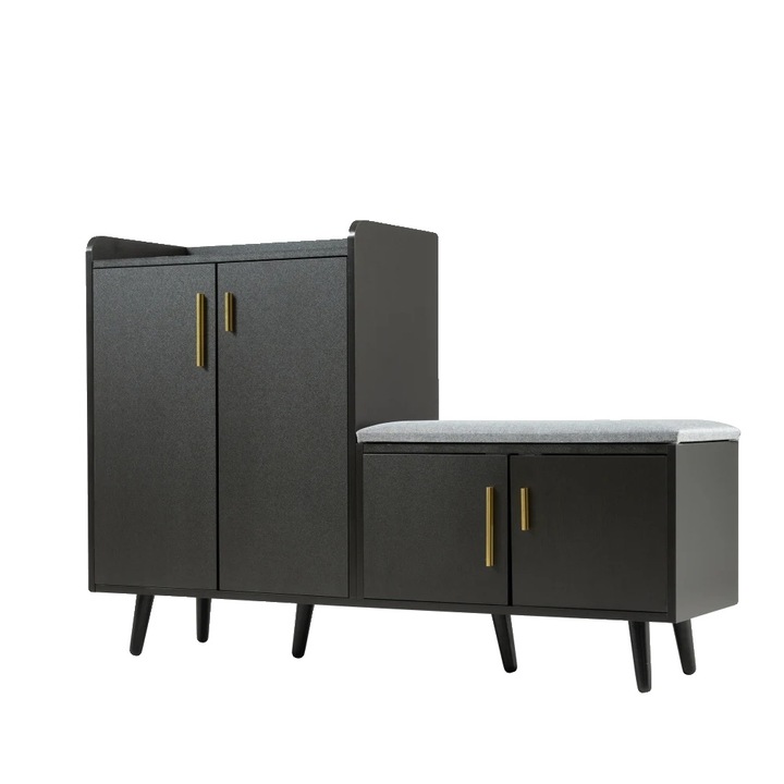 Cipősszekrény kárpitozott paddal, kompakt design, fekete, 1 ajtó, 2 fiók, 2 nyitott rekesz