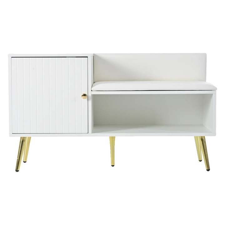 Cipőtároló pad kárpitozott paddal, kompakt kivitel, fehér, 1 ajtó, 2 fiók, 2 nyitott rekesz