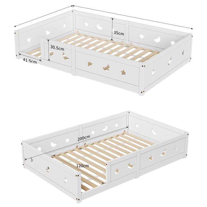 Pat Montessori cu protectie la cadere, design scandinav, alb, 120x200cm
