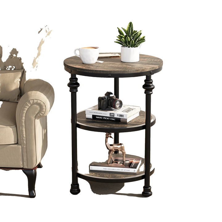 Masa laterala rotunda, design cu 3 niveluri, stil minimalist modern, gri, dimensiuni compacte