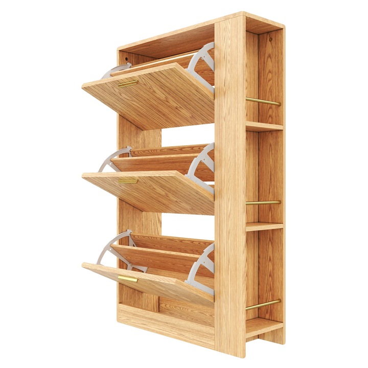 Cipősszekrény, háromajtós kialakítás, nyitott polcos rekeszek, függőleges méretek, fa
