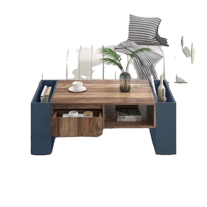 Masa de cafea, design elegant, 2 sertare, natural+albastru inchis, 105x60x40cm