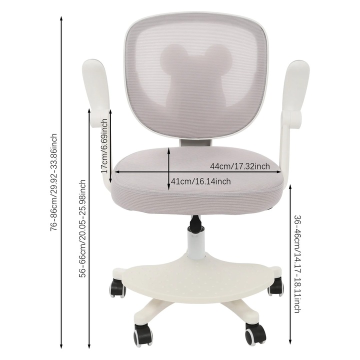 Gyermek irodai szék, Ergonomikus tanulószék, Állítható magasságú, 360°-ban forgatható, Kárpitozott ülés, Max. terhelhetőség 100 kg, Otthoni és iskolai használatra, Világosszürke