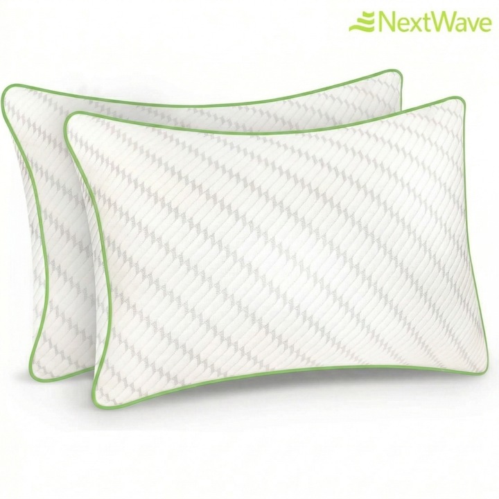Set 2 perne ortopedice pentru dormit ajustabile NextWave®️, Spuma cu Memorie Maruntita pentru Gat si Suport Cervical, Ideala pentru dormitul lateral, spate sau stomac, Husa lavabila, Memory foam, 70x50 cm, Alba cu margine Verde