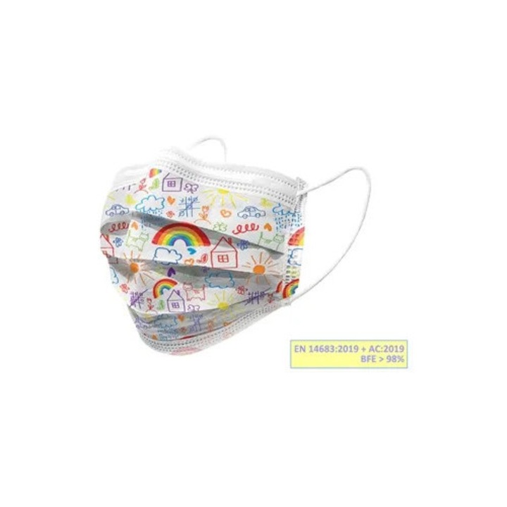 Măști chirurgicale copii, Golden Protect, set 10 bucăți, 3 straturi, filtru 98>, 17, 5x9, 5cm