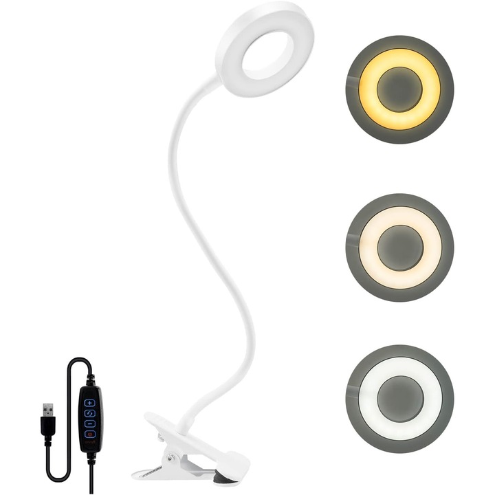 Lampa de birou cu clip, 48 LED-uri, 3 moduri de iluminare, alb, USB