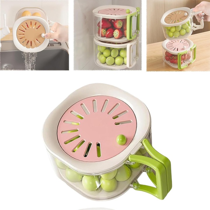 Многофункционален гевгир с капак и дръжки, комплект за миене на плодове и зеленчуци, розов, 2 в 1