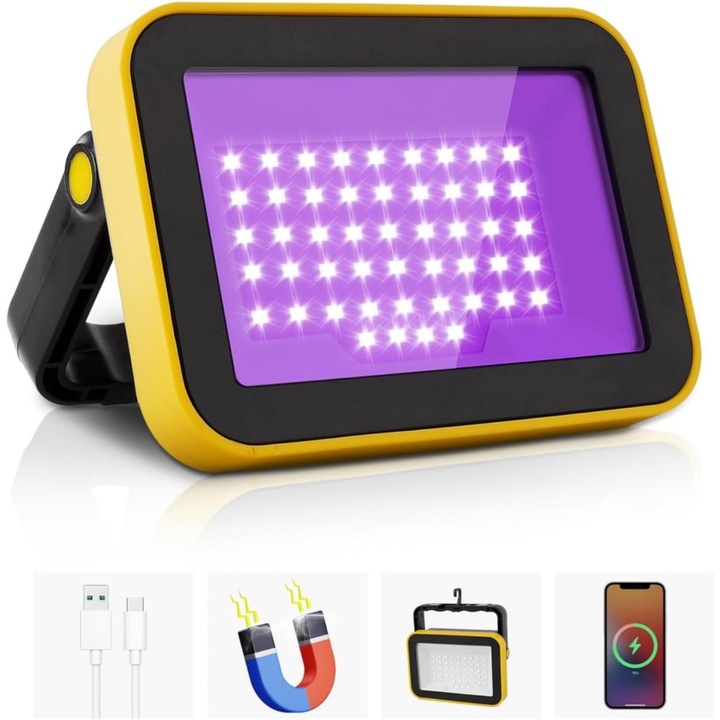 Lampa LED portabila cu ultraviolete, 49 LED-uri, 2 moduri de iluminare, neagra, reincarcabila