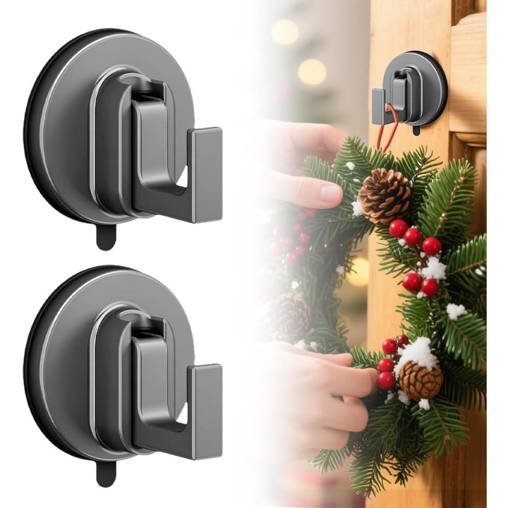 Set 2 suporturi cu ventuza din otel inoxidabil pentru prosoape si decoratiuni de Craciun, design modern, multicolor