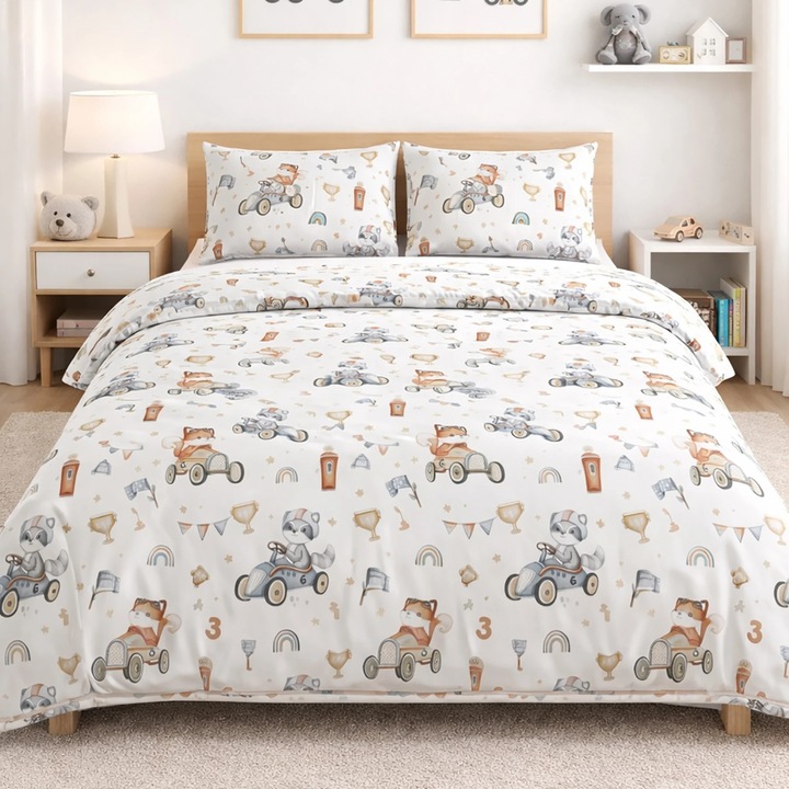 Lenjerie pat Ranforce Cotton Pro Bumbac 100%, King Size, 6 piese Imprimeu animalute Alb/Bej RCP72 Ralex Pucioasa