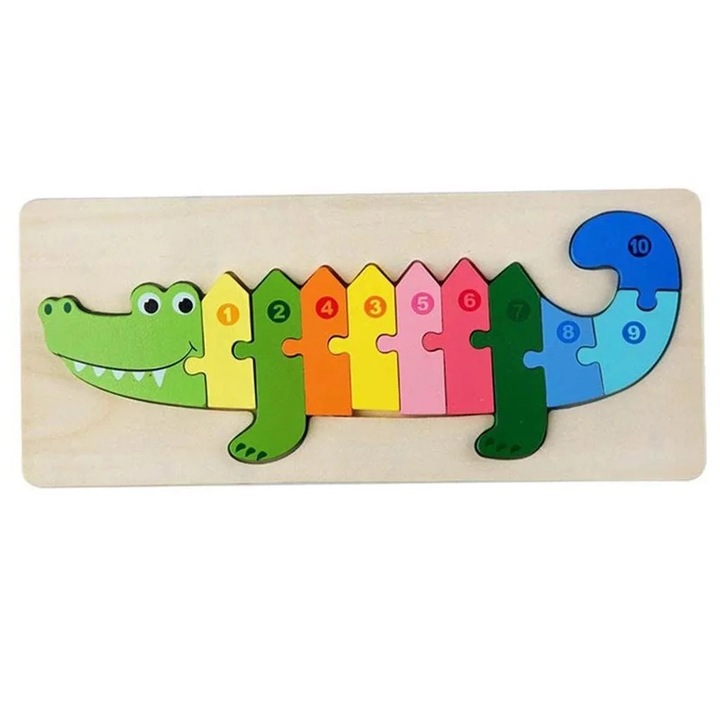Puzzle educativ din lemn in forma de crocodil cu numere colorate pentru invatare prescolara, SALLMA®