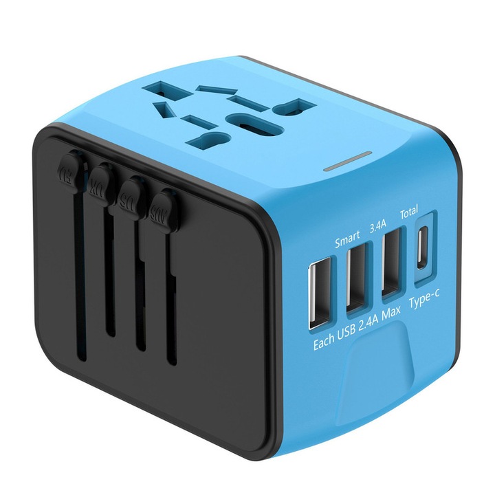 Adaptor de calatorie universal, 3 USB + 1 Type-C, compact, portabil, 68x53x53mm, 128g, multicolor