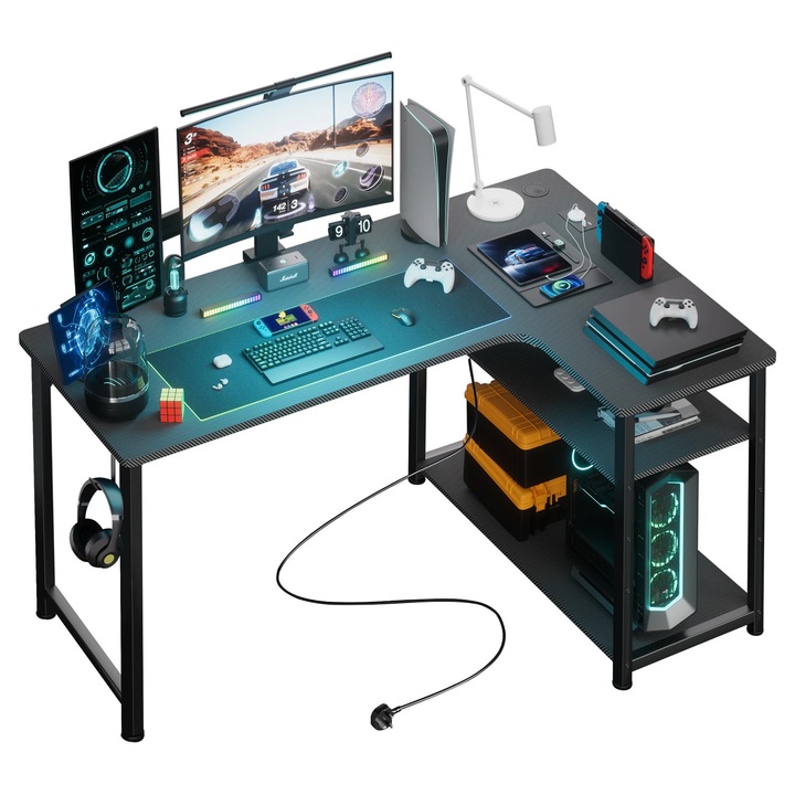 Birou gaming, design in forma de L, incarcare USB integrata, negru, 120x120cm