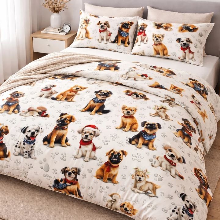 Lenjerie pat Ranforce Cotton Pro Bumbac 100%, King Size, 6 piese Catelusi Crem/Maro RCP69 Ralex Pucioasa