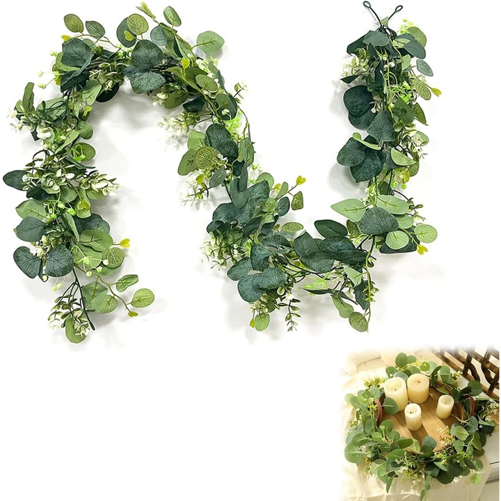 Dekoratív eukaliptusz girland, mű, dekorációhoz vagy barkácsprojektekhez, 180 cm hosszú, műanyag, zöld