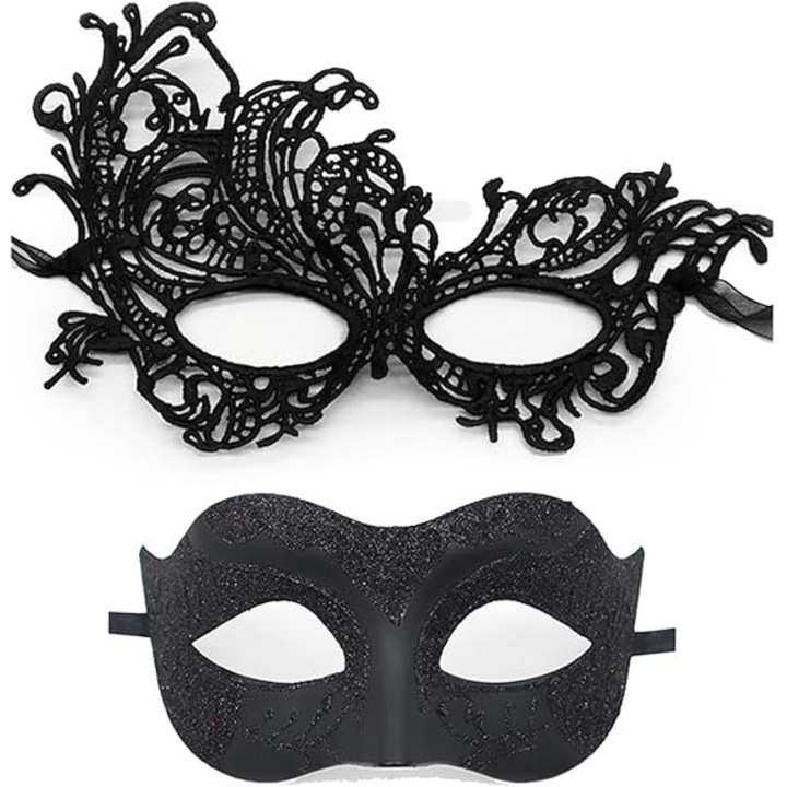 Set 2 masti bal mascat pentru cupluri femei barbati, cu accesoriu satin, dantela, pentru Carnaval, Bal Mascat, Negru