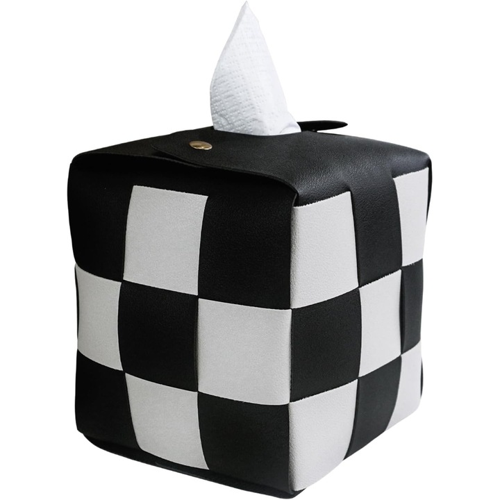 Suport servetele, cutie patrata din piele PU, design modern, negru cu alb, 13x13x15cm