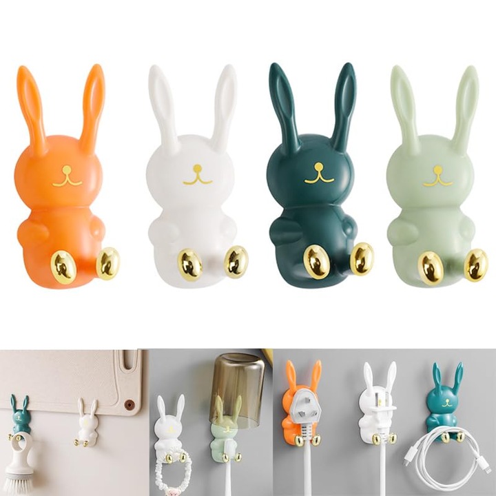 Set 4 carlige de perete iepure, accesorii pentru haine, culori variate, instalare fara gaurire