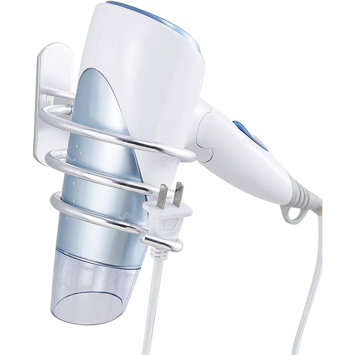 Suport pentru uscator de par montat pe perete, design inovator, rezistent la coroziune, cu adeziv fara gaurire, 5 kg, pentru baie
