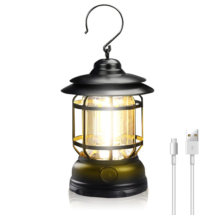 Lampa de camping LED, 200 lumeni, portabila, reincarcabila USB, rezistenta la apa, pentru activitati in aer liber, design vintage