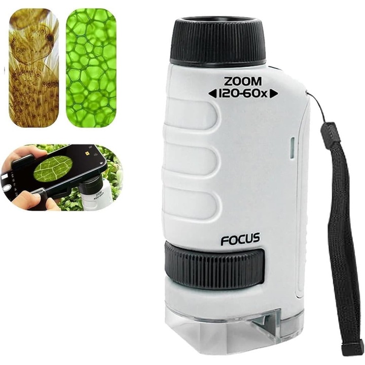 Microscop pentru copii, 60x-120x, sursa de lumina LED, design portabil, material ABS, set de experimente stiintifice