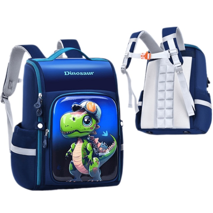 Gyermek hátizsák, GalaxyTara®, 3D dinoszaurusz mintával, vízálló anyag, 37×29×16 cm, fényvisszaverő csíkokkal, kisgyermekeknek, fiúknak és lányoknak egyaránt alkalmas, első és második osztályos általános iskolásoknak ajánlott