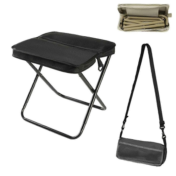 Scaun de camping pliabil, 120 kg, material Oxford 600D, negru, dimensiuni 31x29x25cm, set cu geanta de transport