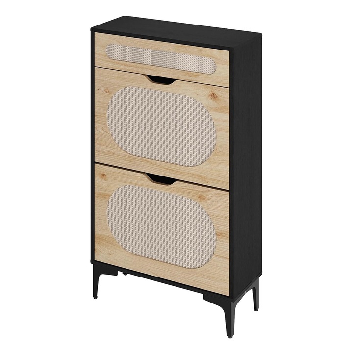 Cipősszekrény, 3 állítható polc, 2 fiók, fekete, 60x24x102cm