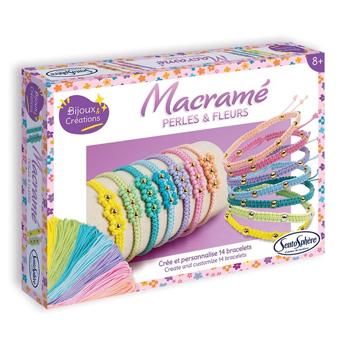 Set creativ DIY, bratari macrame cu perle si flori, Sentosphere, culori pastelate, 14 bratari, 20x15x3cm