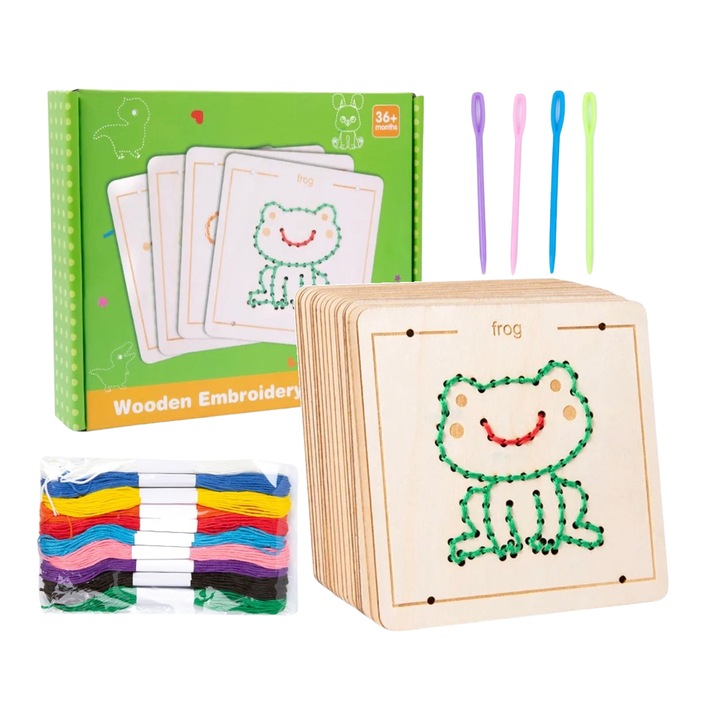 Joc de creație, Broderie pe lemn, 4 plăci, 10 fire de ata mouline, multicolor, pentru copii peste 3 ani, set