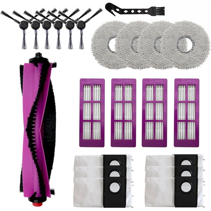 Set piese de schimb pentru aspirator robot Eureka J15 Pro Ultra, 22 bucati, 1 perie principala, 6 perii laterale, 4 filtre, 6 saci de praf, 4 mopuri, 1 perie de curatare