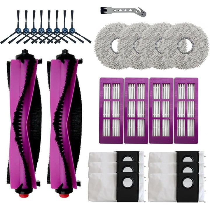 Set accesorii pentru aspirator robot Eureka J15 Pro Ultra, 25 piese, 2 perii principale, 8 perii laterale, 4 filtre, 6 saci de praf, 4 mopuri, 1 perie de curatare
