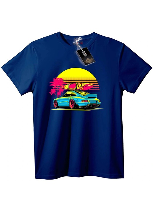 Tricou mașină retro și placă de surf, Bleumarin