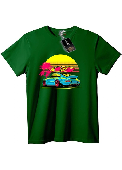 Tricou mașină retro și placă de surf, Verde englez