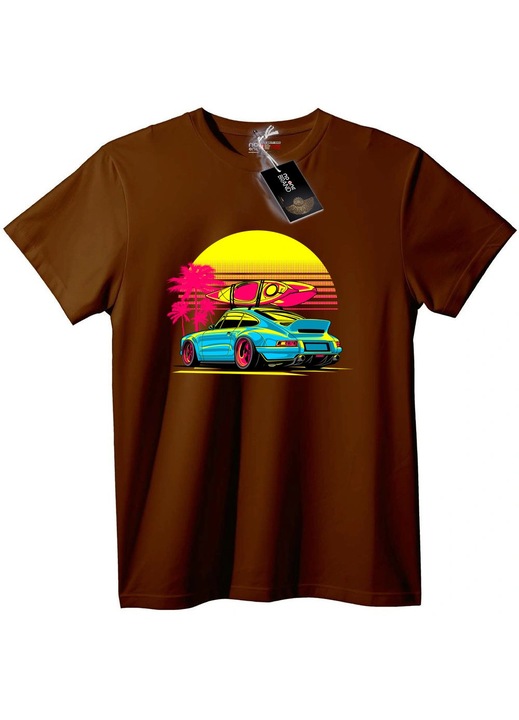 Tricou Mașină retro și surf la apus, Maro