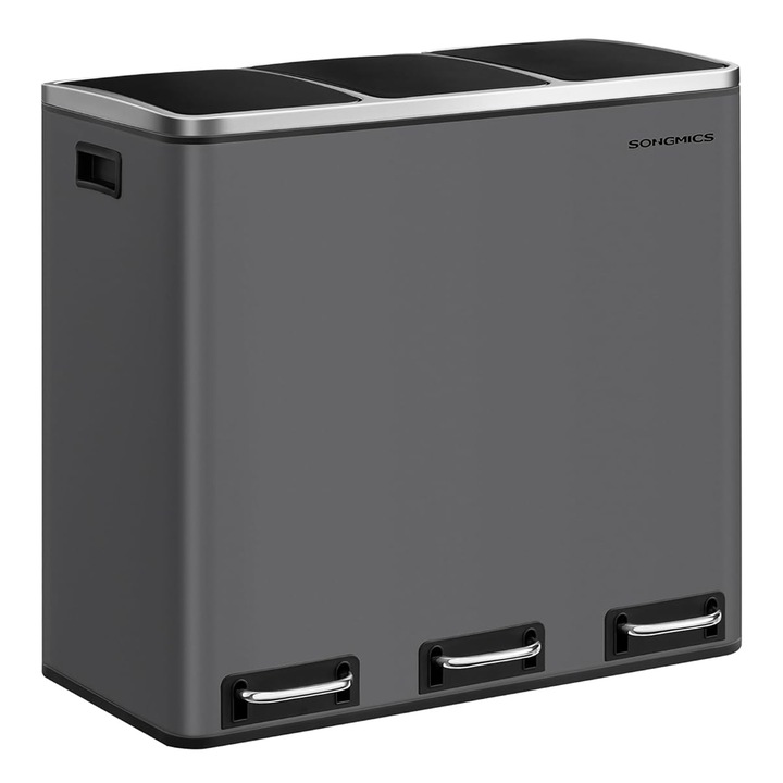 SONGMICS Cos de gunoi cu 3 compartimente 54L, capace soft close, pedale, otel, 61x32x56 cm, gri mat