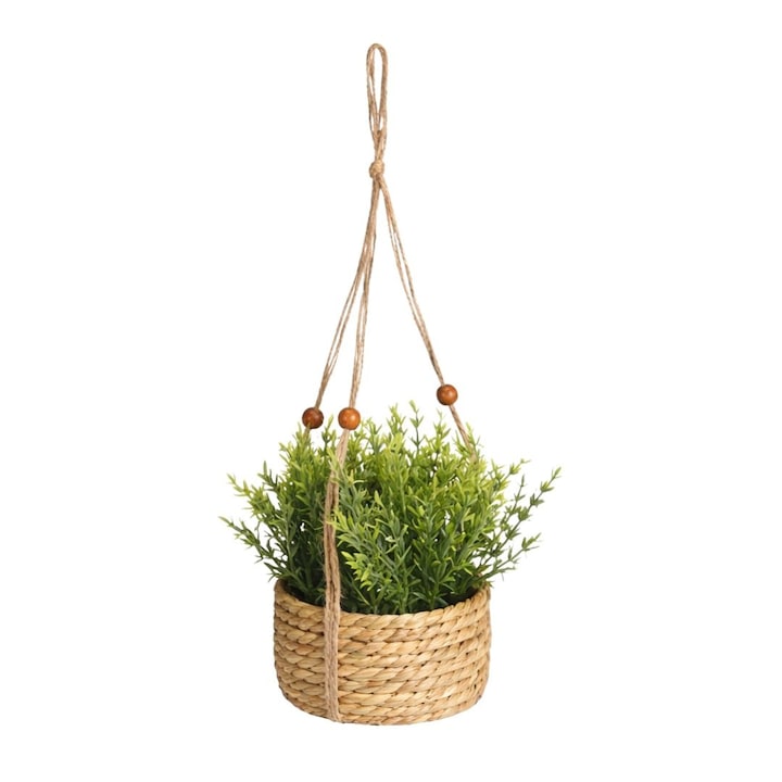 Planta artificiala Rozmarin 11 cm in ghiveci suspendat tip cos impletit, cu agatatoare – decor rustic cu plante aromatice pentru interior
