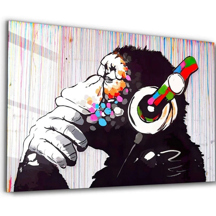 Tablou decorativ Re-Bloom, model maimuta, sticla securizata, multicolor, 110 x 70 cm