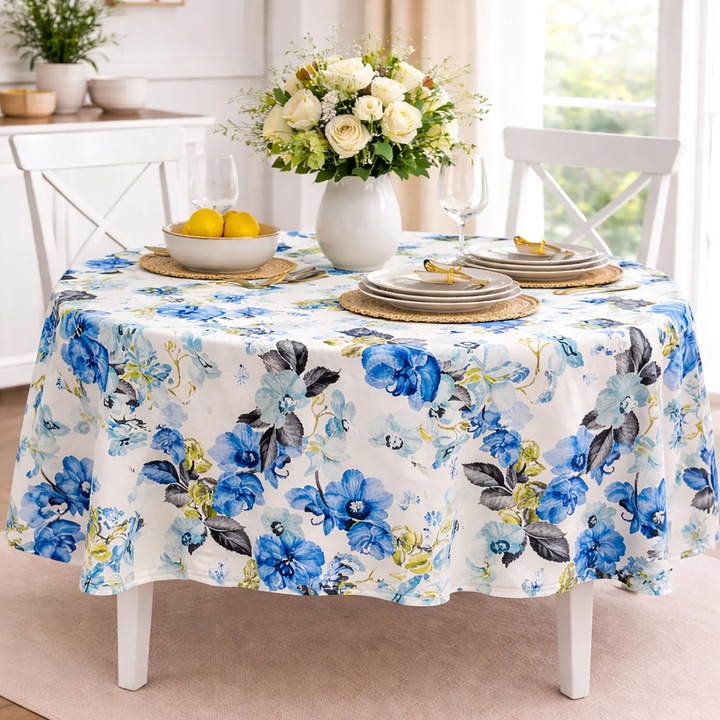 Fata de masa rotunda 180 cm antimurdarire, Floricele Galben/Albastru Ralex Pucioasa