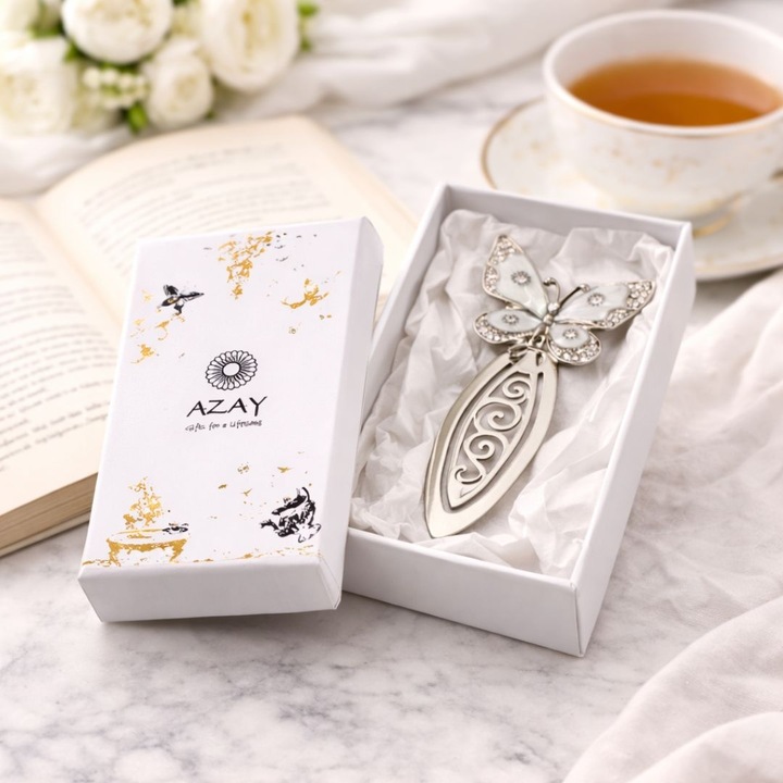 Semn de Carte Metalic Elegant Fluture cu Cristale, 10.5 x 5.5 cm, Argintiu, Cadou Premium pentru Femei, AZAY