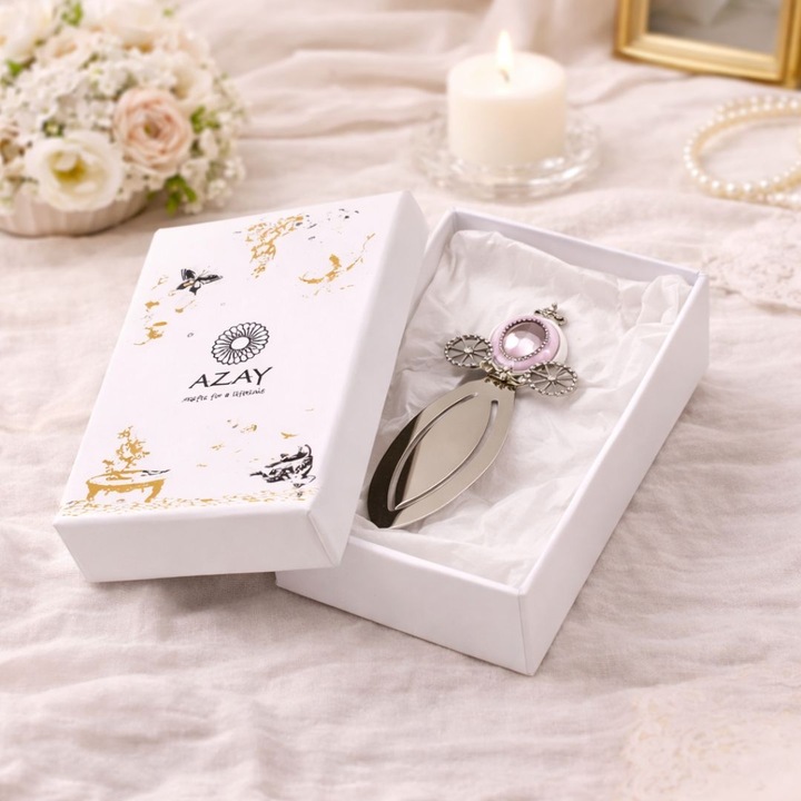 Semn de Carte Metalic Trasura Princess cu Cristale, 10 x 3.5 cm, Argintiu cu Roz, Cadou Elegant pentru Fete si Femei, AZAY